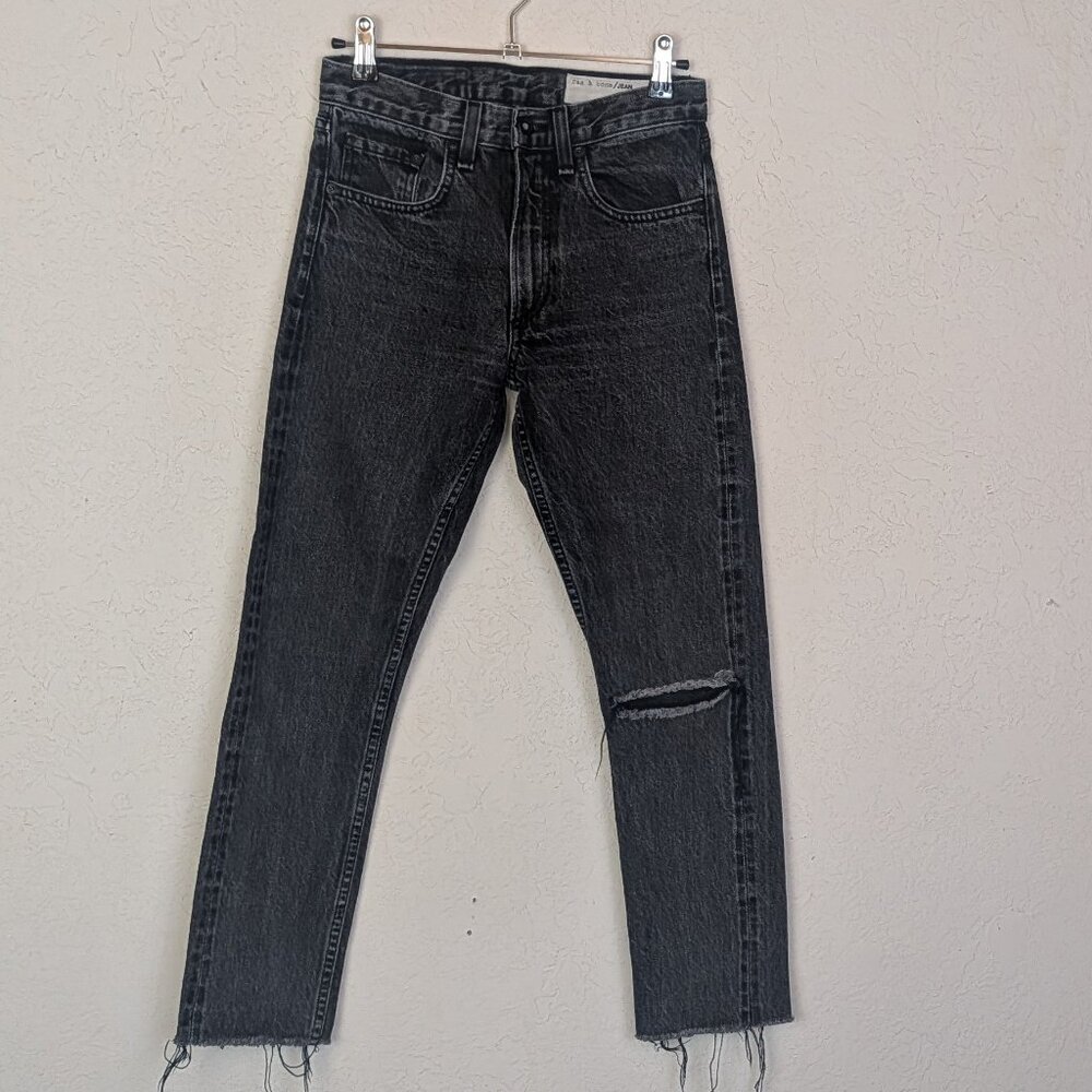 Rag & Bone High Rise Skinny Crop Raw Frayed Hem Ankle Jean, Black Stone